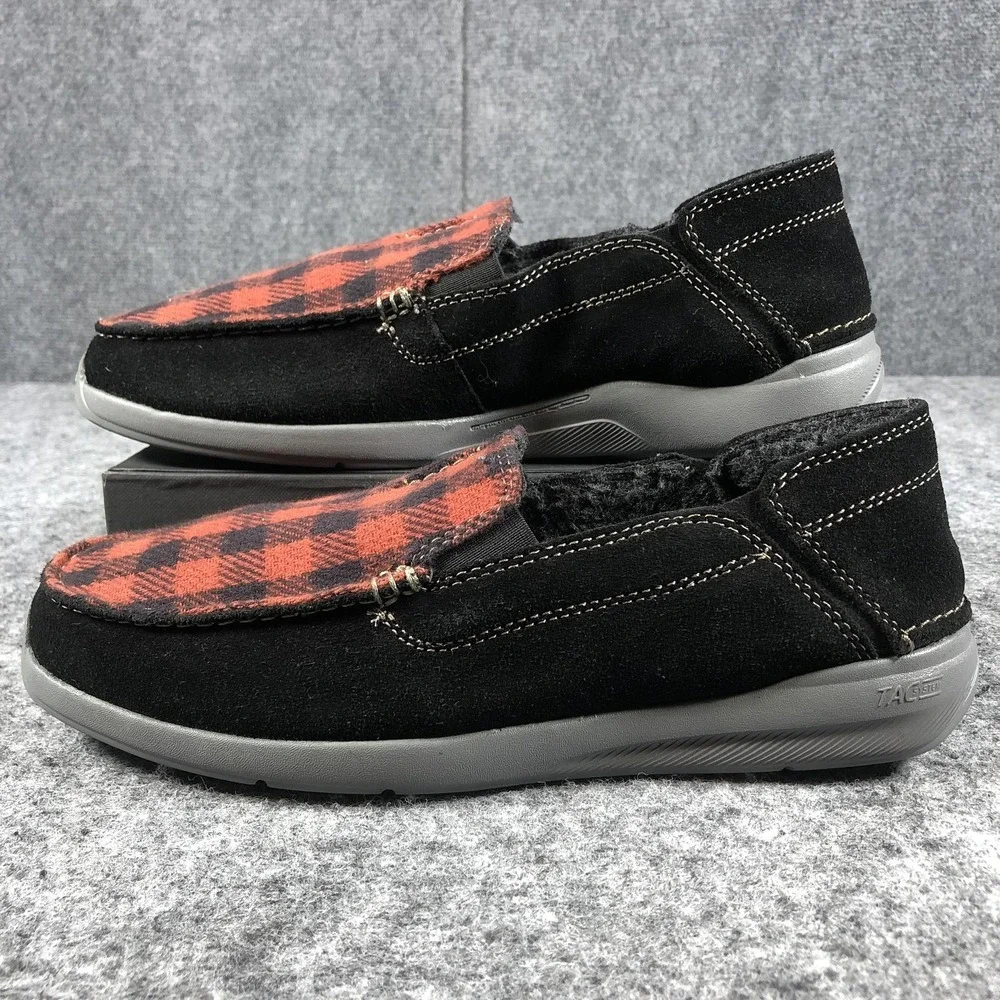Clarks Shoes Mens Size 9.5 Black‎ Red Plaid Slip On Loafers Slippers Buffalo